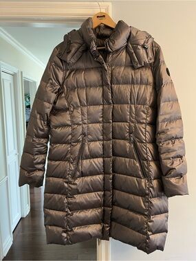 DKNY Women’s Long Puffer Coat in Grey